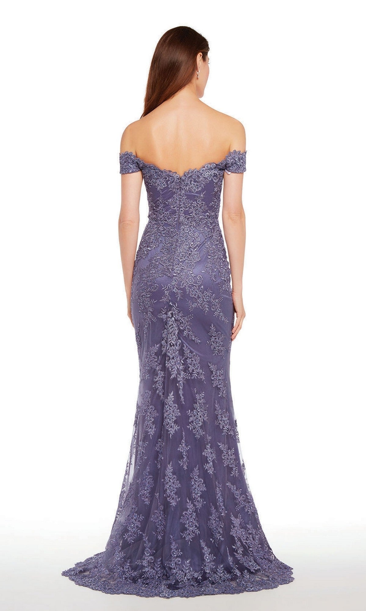 A woman stands with her back to the camera against a white background, wearing the Alyce 27249 long formal dress—a floor-length, off-the-shoulder lavender gown with lace detailing.